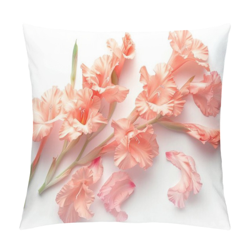 Personality  Delicate Coral Gladiolus Flowers Arranged Elegantly On A Light Background. Pillow Covers