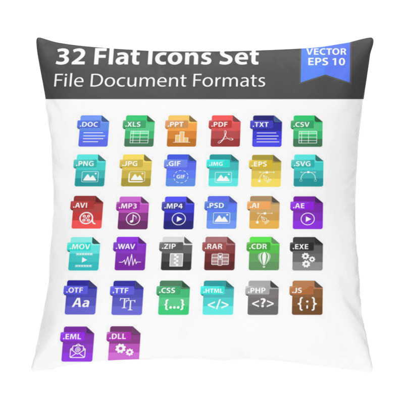 Personality  32 Format Files Document,Music,Video,Font,Design Extension Icon Flat Design Vector Illustration Paper Pillow Covers