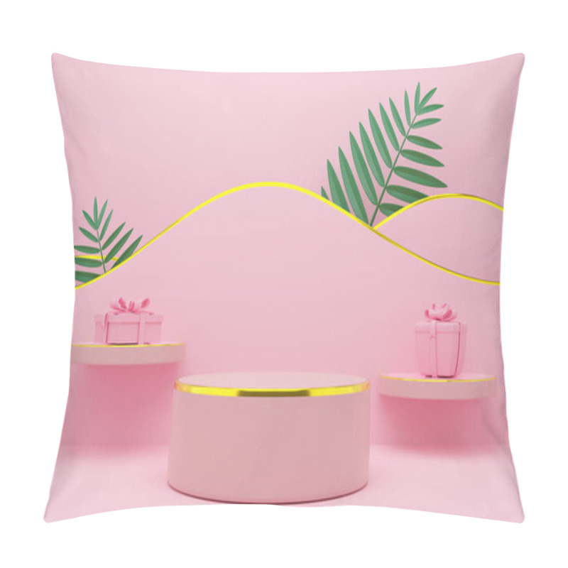 Personality  Podium Empty With Geometric Shapes In Pink Pastel Composition For Modern Stage Display And Minimalist Mockup ,abstract Showcase Background ,Concept 3d Illustration Or 3d Render Pillow Covers