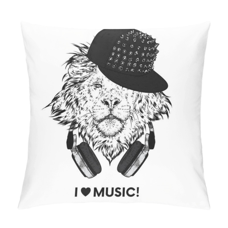 Personality  A Beautiful Lion Wearing Headphones. Vector Illustration For A Postcard Or A Poster, Print For Clothes. I Love Music. Pillow Covers