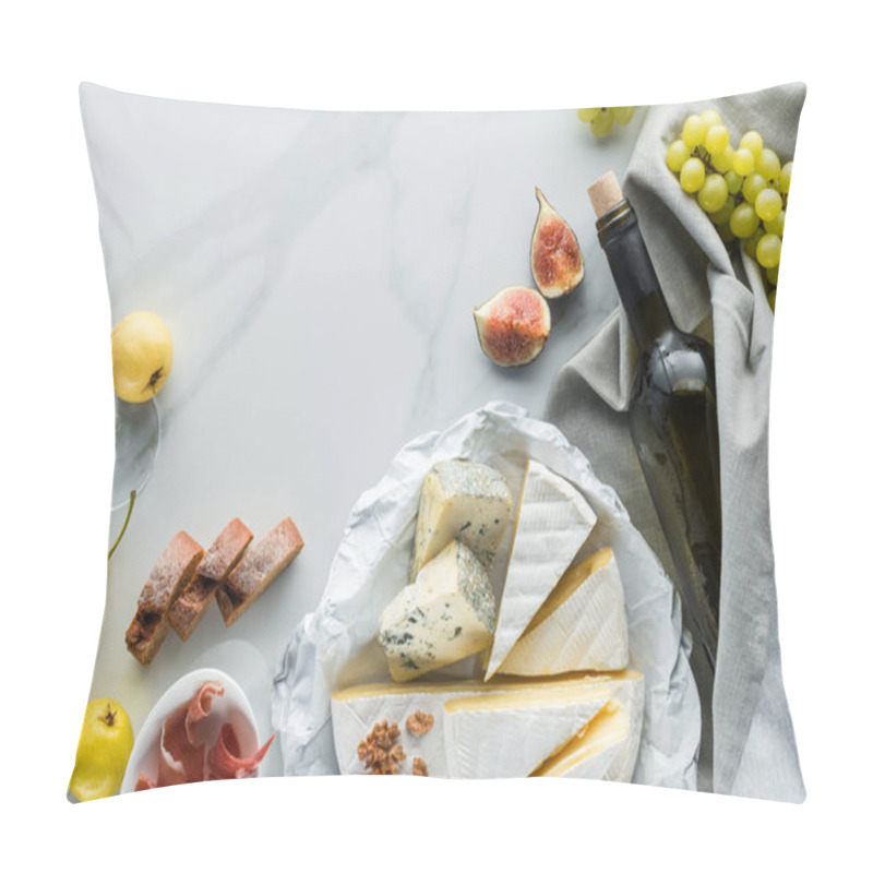 Personality  Flat Lay With Wine, Cheese, Jamon And Fruits Arranged On White Marble Tabletop Pillow Covers