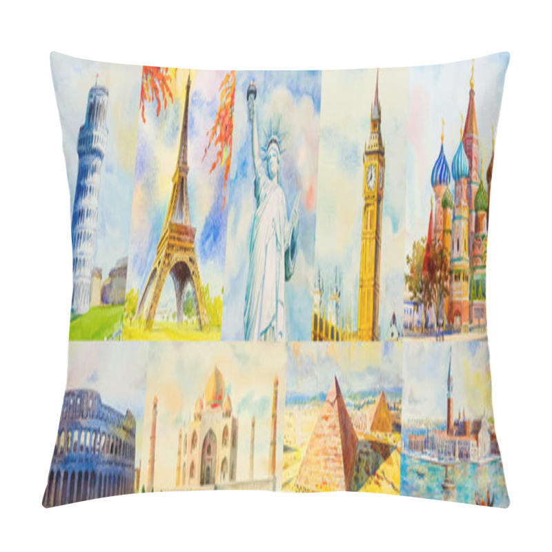 Personality  Travel Around The World And Sights. Famous Landmarks Of The World Grouped Together. Watercolor Hand Drawn Painting Illustration On Paper With Tourism, Use For Advertising Travel Poster And Postcard. Pillow Covers