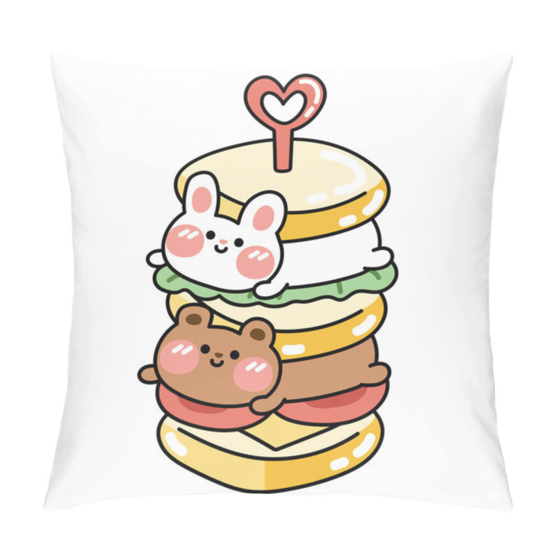 Personality  Cute Teddy Bear And Rabbit Lay In Sandwich.Funny Animal Character Cartoon Design.Breakfast Hand Drawn.Isolated.Kawaii.Vector.Illustration. Pillow Covers