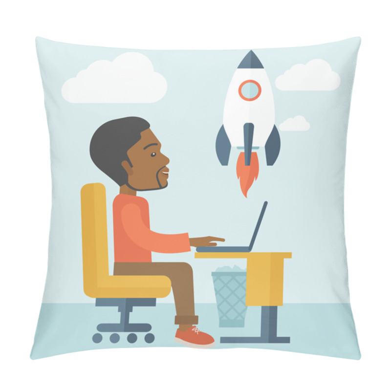 Personality  Black American Man And His Laptop. Pillow Covers