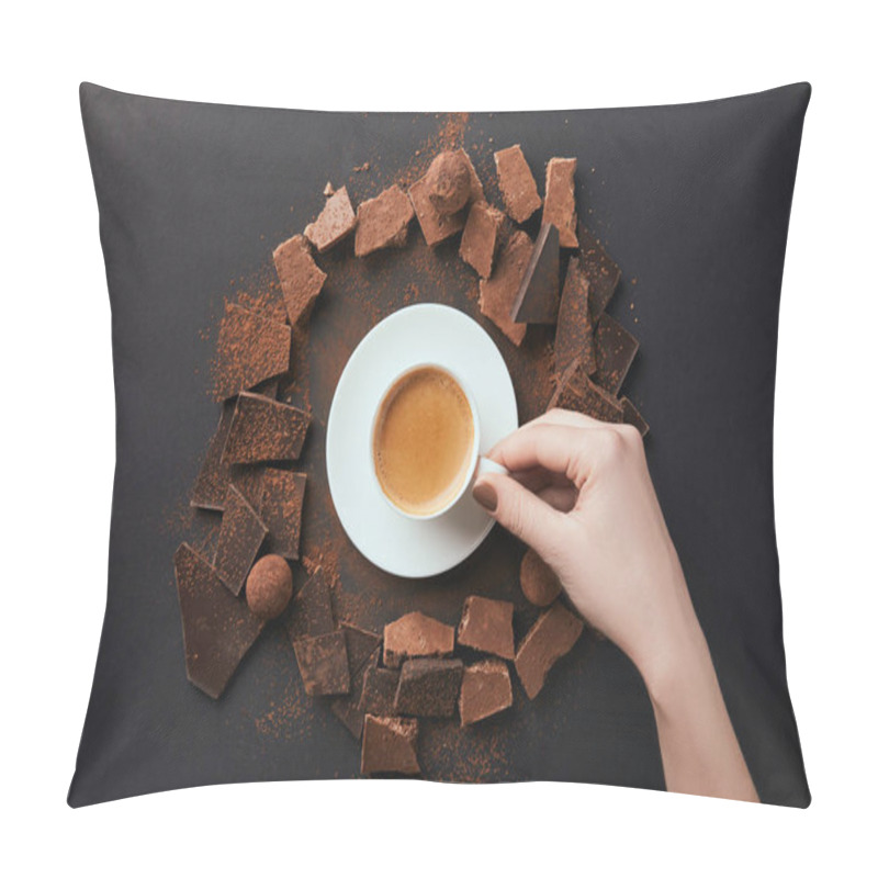 Personality  Cropped Shot Of Female Hand, Cup Of Coffee, Truffles And Chocolate On Grey Surface Pillow Covers