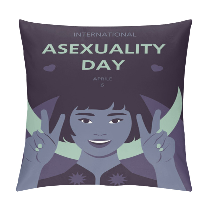 Personality  A Young Asian Woman Is Smiling And Showing A Victory Sign. International Asexuality Day. Happy Asexual People. Poster. Vector Flat Illustration Pillow Covers