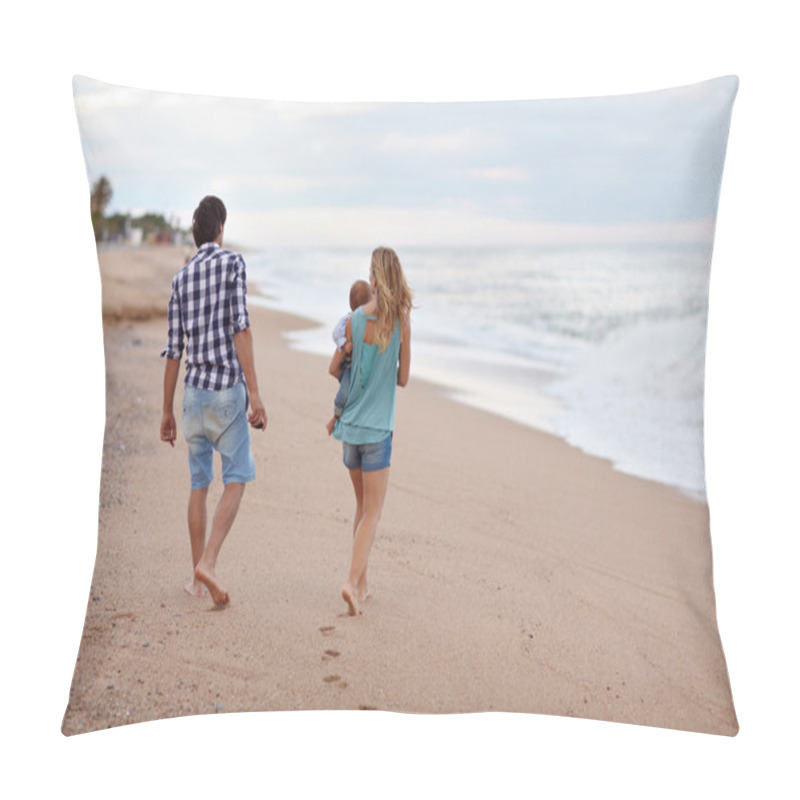 Personality  Couple With Baby Along Seashore Pillow Covers