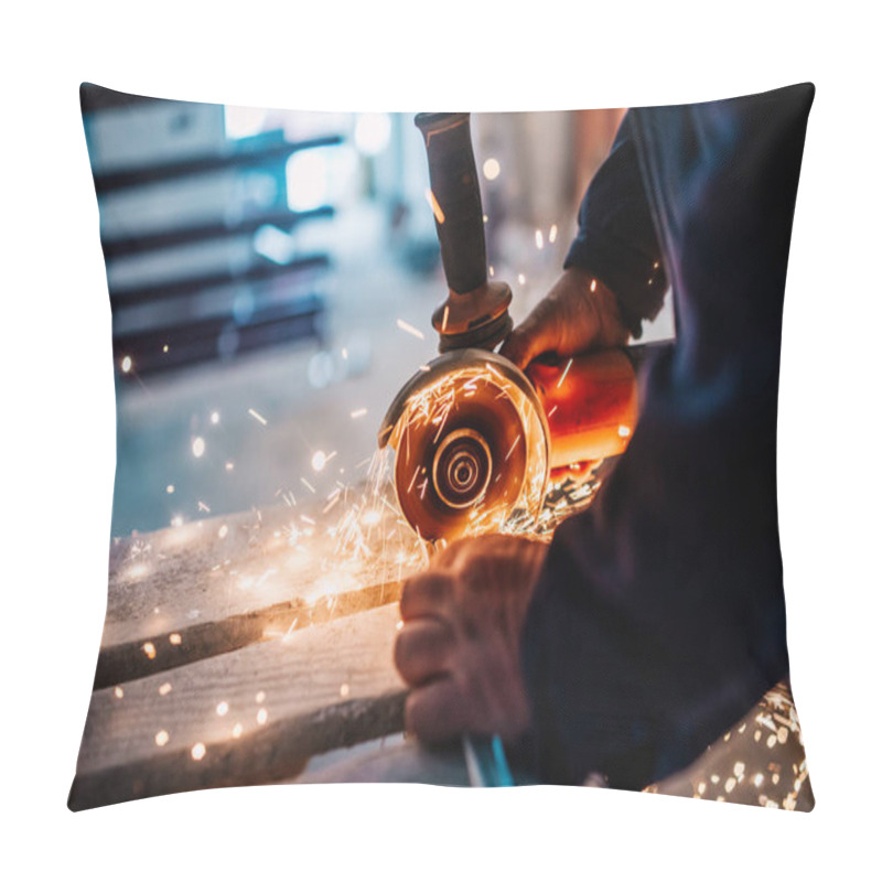 Personality  Metalworker Cutting Iron And Metal With A Electric Rotary Angle Grinder And Working, Generating Metal Sparks Pillow Covers