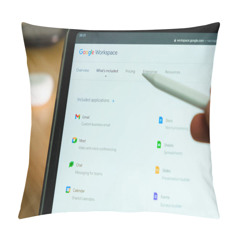 Personality  Google Workspace Logo Shown By Apple Pencil On The IPad Pro Tablet Screen. Man Using Application On The Tablet. December 2020, San Francisco, USA Pillow Covers