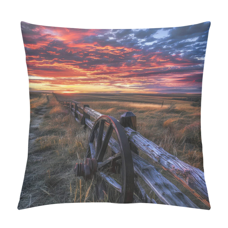 Personality  A Picturesque Countryside Landscape At Sunset With Vibrant Skies, A Wooden Fence, And An Old Wagon Wheel In A Grassy Field. Pillow Covers