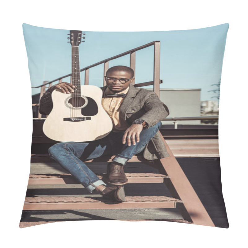 Personality  Young Man Posing On Stairs With Guitar Pillow Covers