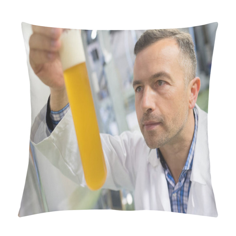 Personality  Manufacturer Examining Beer In Test Tube At Brewery Pillow Covers