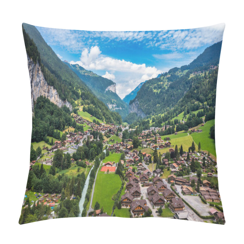 Personality  Lauterbrunnen Valley With Famous Church And Staubbach Waterfall. Lauterbrunnen Village, Berner Oberland, Switzerland, Europe. Spectacular View Of Lauterbrunnen Valley In A Sunny Day, Switzerland. Pillow Covers