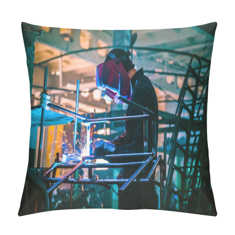 Personality  A Welder In Production Is Engaged In The Manufacture Of Products. In A Mask, In Gloves, Sparks Fly Pillow Covers