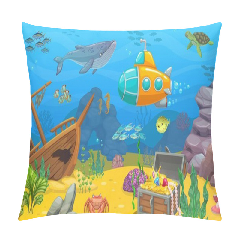 Personality  Underwater Game Level Landscape. Sunken Ship, Whale, Submarine, Turtle And Fish Shoal, Treasure Chest And Seaweed. Cartoon Vector Underwater Ocean World Background With Shipwreck Boat And Loot Trunk Pillow Covers