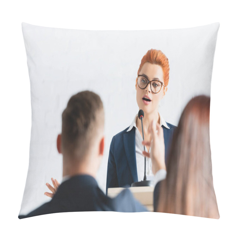 Personality  Political Agitator Talking To Voters In Conference Room, Blurred Foreground Pillow Covers