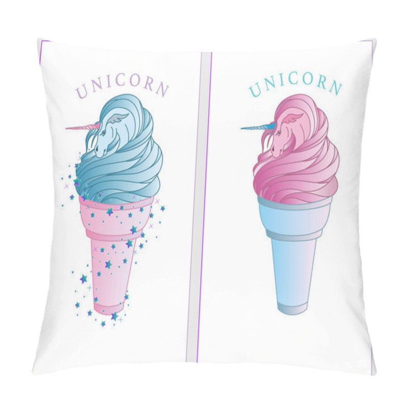 Personality  Surreal Pink And Blue Unicorns Which Emerge From Ice Cream Cones. Can Be Used For T-shirt Print, Fashion Print Design, Kids Wear, Baby Shower, Celebration, Greeting And Invitation Card. Vector Illustration, EPS 10 Pillow Covers