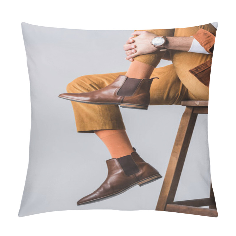 Personality  Cropped View Of Stylish Man In Brown Shoes Sitting On Wooden Chair Isolated On Grey  Pillow Covers