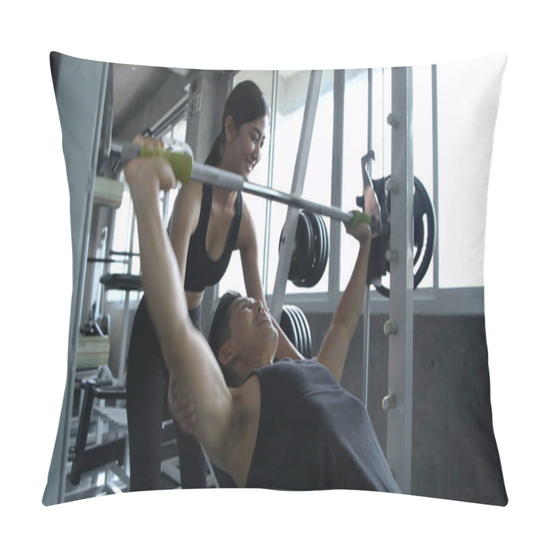 Personality  Sports Concept. Couples Are Enjoying Sports In Fitness. Pillow Covers