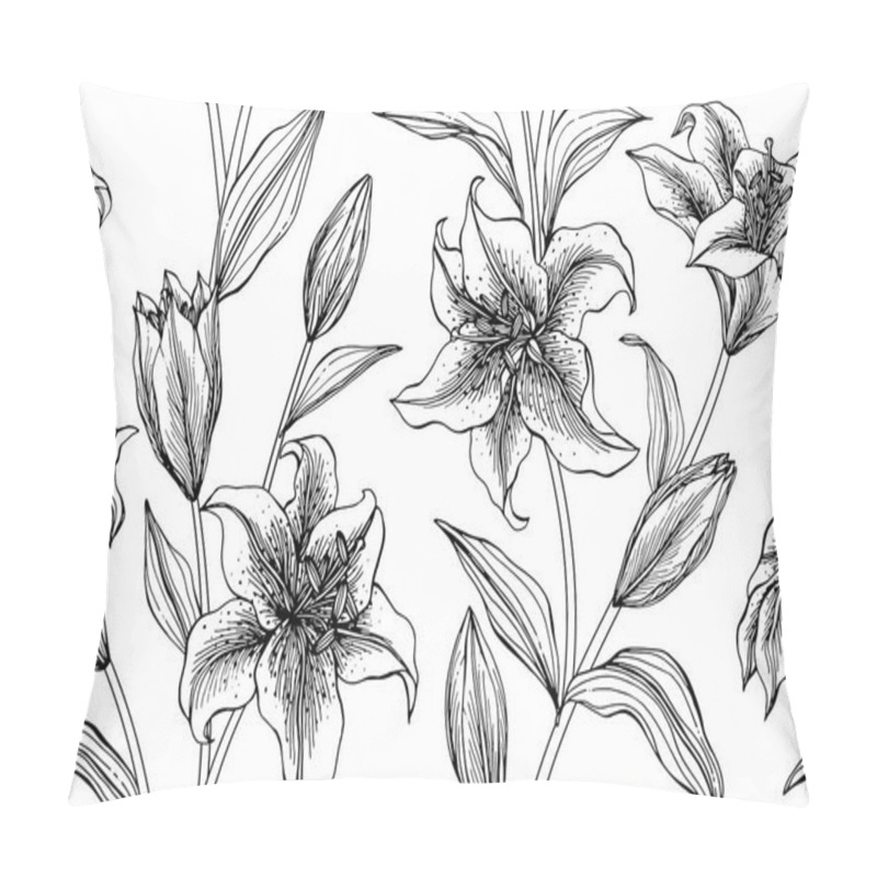 Personality  Seamless Lily Flower Pattern Background. Black And White With Drawing Line Art Illustration. Pillow Covers