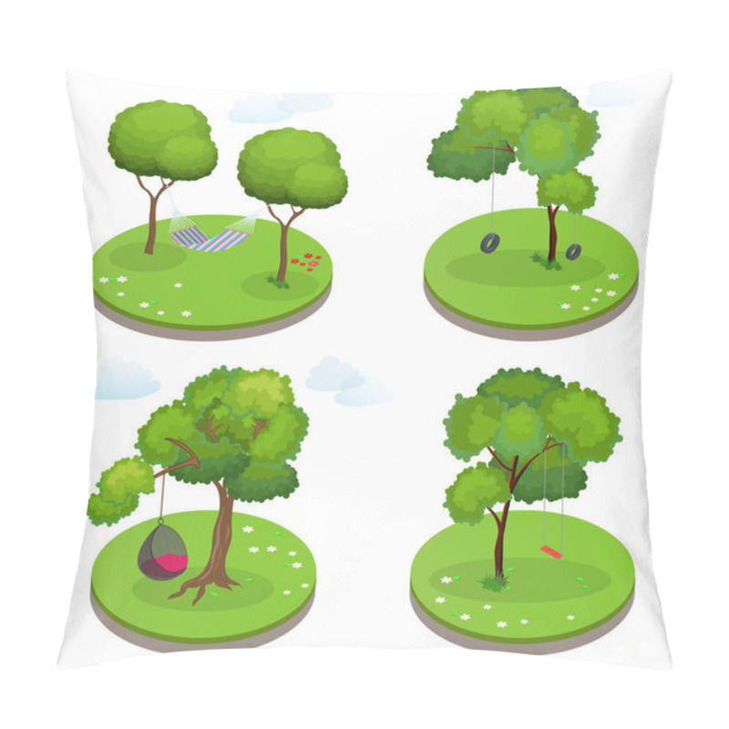 Personality  Isometric Rope Hammock Between Two Trees, Hammock Chair, Swing And Swing Tire. Flat Vector Illustration. Pillow Covers