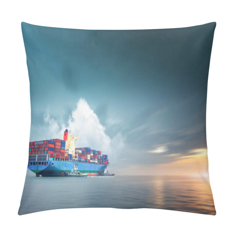 Personality  Container Cargo Ship In Ocean At Sunset Dramatic Sky Background With Copy Space, Nautical Vessel And Sea Freight Shipping, International Global Business Logistics Transportation Import Export Concept Pillow Covers