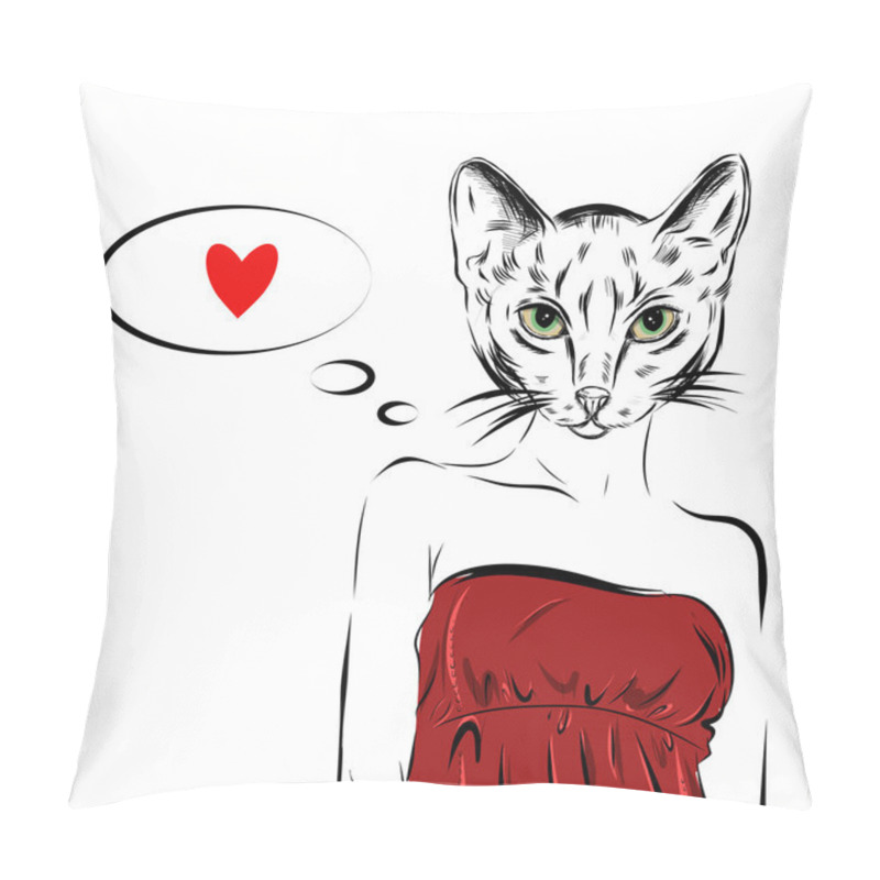 Personality  Cat Girl Dressed Up In Party Dress Animal Illustration. Vector Pillow Covers