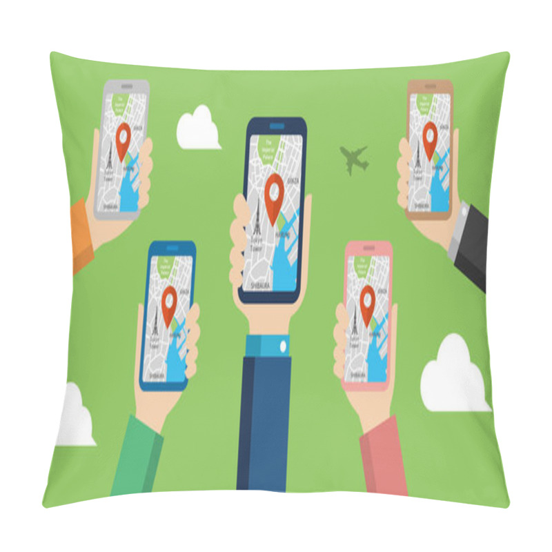 Personality  Mobile Gps Navigation Service Flat Illustration. Hand-holding Mobile Phone With Map Application ( Tokyo City Sightseeing ) Pillow Covers