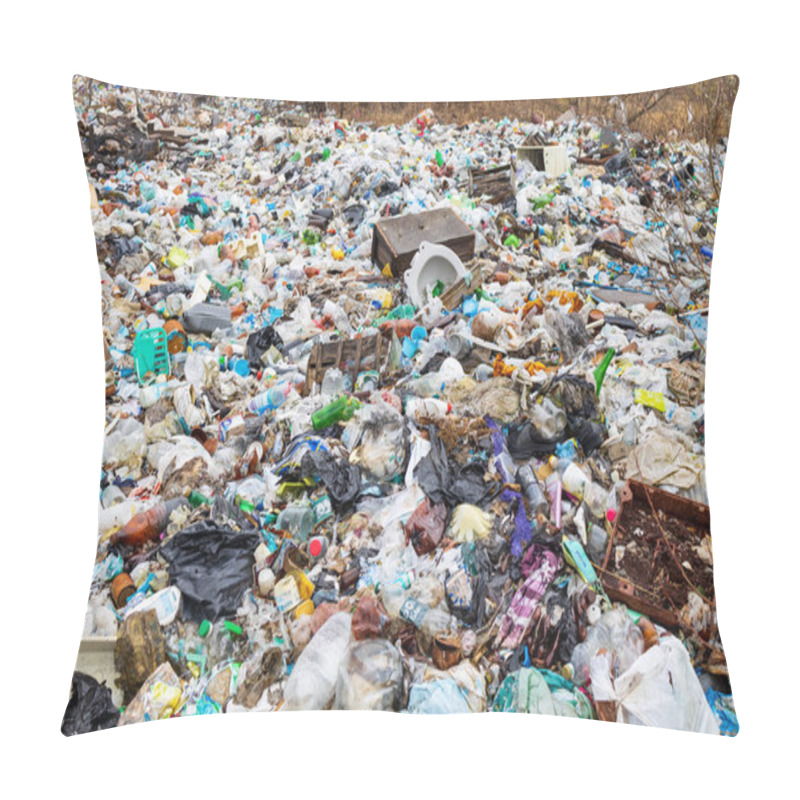 Personality  Verkhnie-Sergi, Russia - May 02, 2021. Household Waste, Landfill. Unauthorized Dump On The Field. Garbage Problem In Russia Pillow Covers