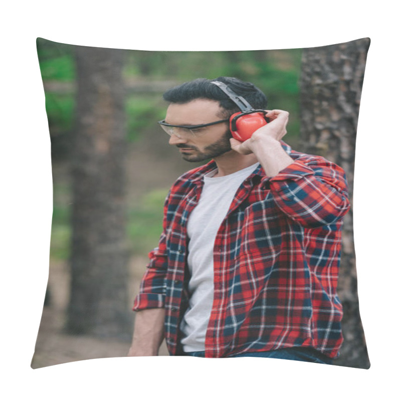 Personality  Pensive Lumberjack In Protective Glasses Standing In Forest And Touching Noise-canceling Headphones Pillow Covers