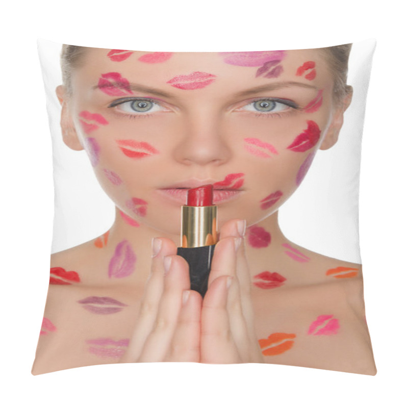 Personality  Beautiful Woman With Kisses On Face Holding Lipstick Pillow Covers