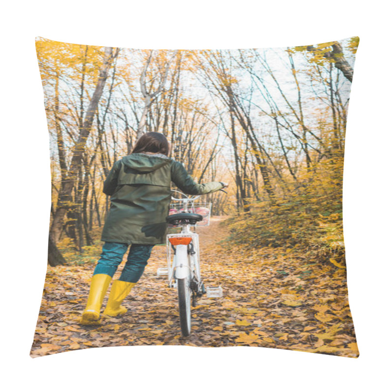 Personality  Rear View Of Woman Carrying Bicycle In Yellow Autumnal Forest  Pillow Covers