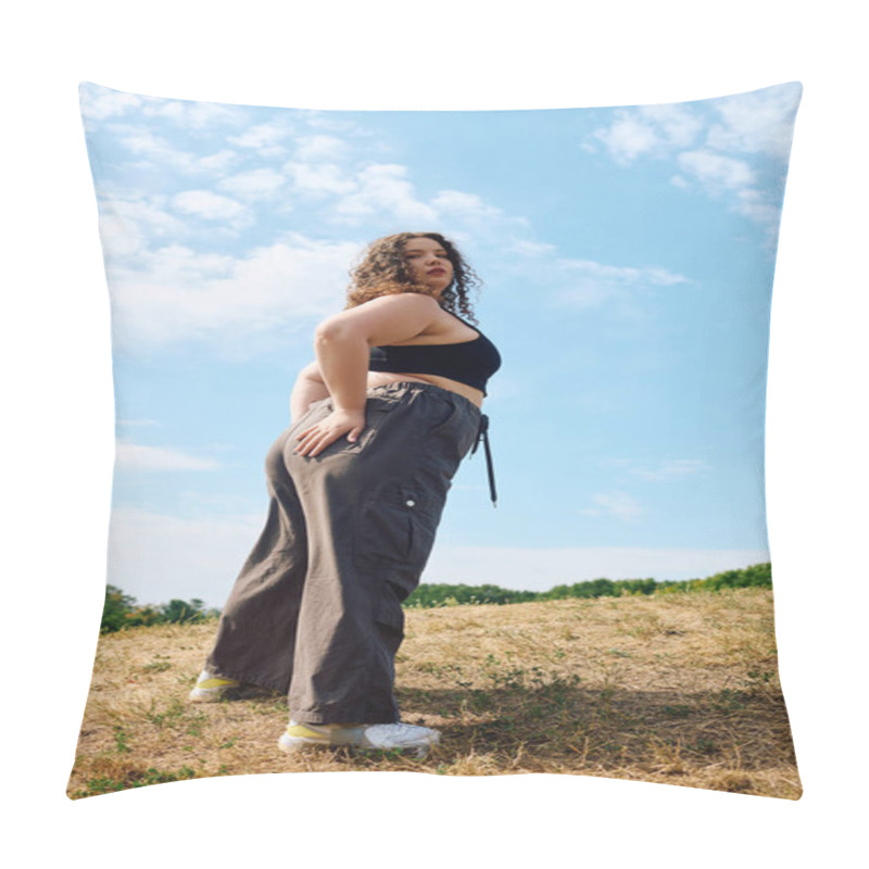 Personality  A Joyful Woman Embraces Nature, Standing Gracefully In A Vibrant Green Field Under A Blue Sky. Pillow Covers