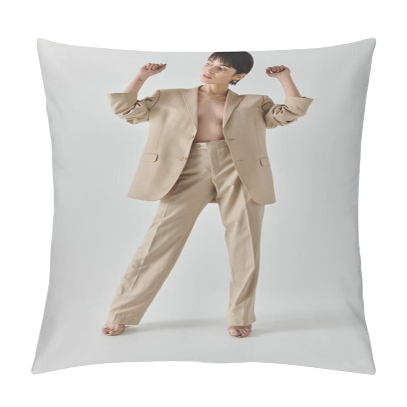 Personality  A Woman Poses In A Tan Suit Against A White Backdrop. Pillow Covers