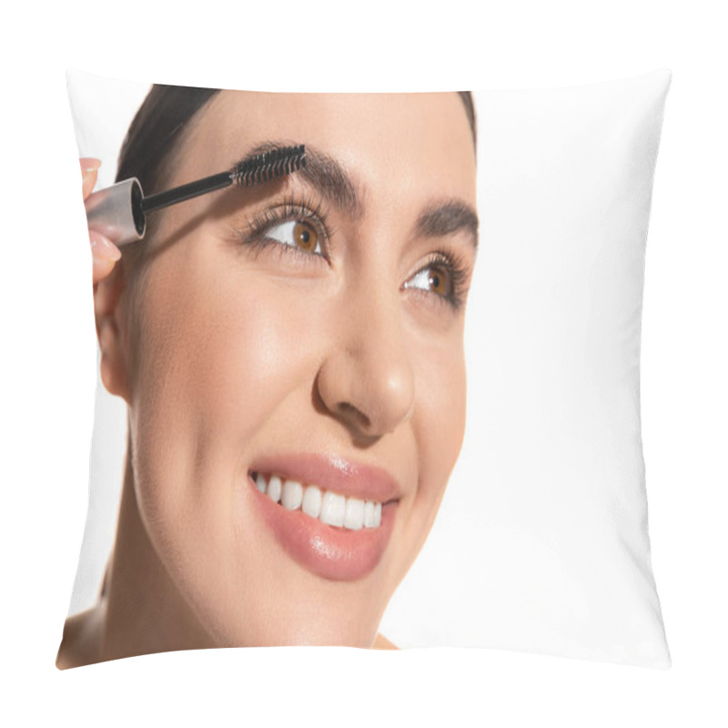 Personality  Close Up Of Happy Young Woman Holding Brush And Styling Eyebrows With Gel Isolated On White  Pillow Covers