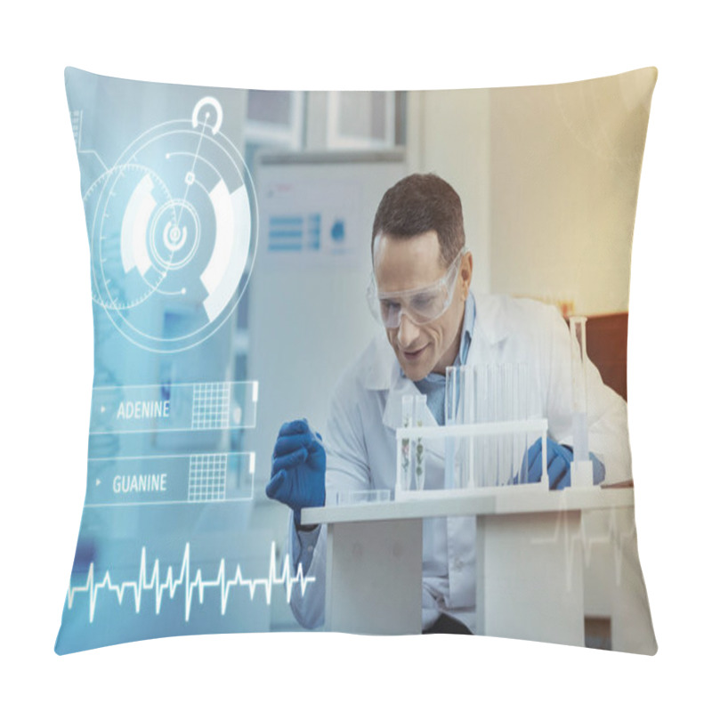 Personality  Careful Biologist Leaning To The Table While Working With Test Tubes Pillow Covers