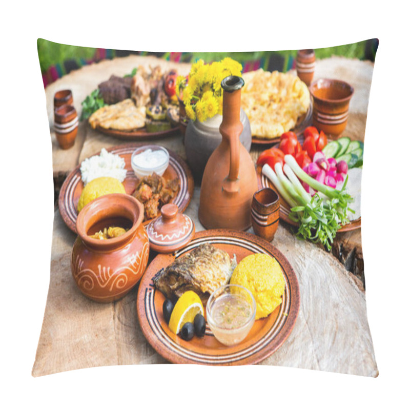 Personality  Homemade Romanian Food With Grilled Meat, Polenta And Vegetables Platter On Camping. Romantic Traditional Moldavian Food Outside On The Wood Table. Pillow Covers