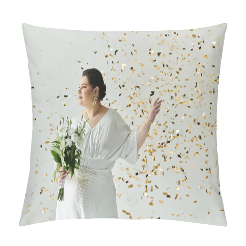 Personality  A Beautiful Bride With Confidence Holds A Bouquet While Golden Confetti Falls Around Her. Pillow Covers