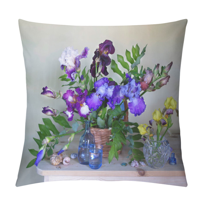 Personality  Still Life With A Beautiful Bouquet Of Irises In A Basket On The Table Pillow Covers