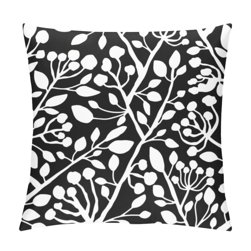 Personality  Blossom Tree Branches Black And White Floral Seamless Pattern Vector. Hand-drawn White Branches With Leaves And Flowers Silhouettes On Black Natural Endless Texture. One Of A Series Pillow Covers