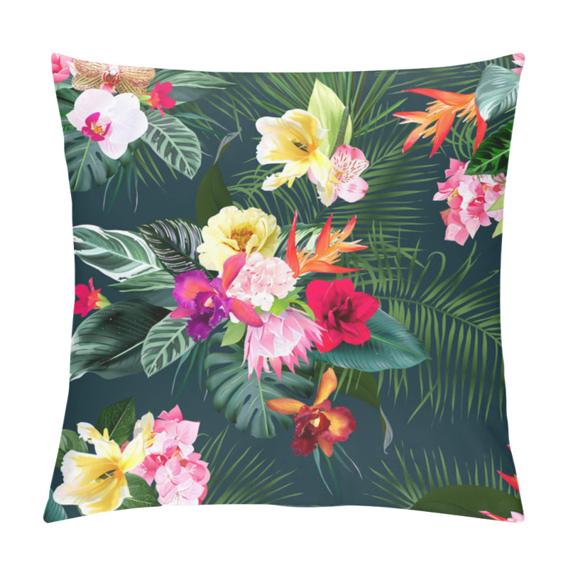 Personality  Exotic Tropical Flowers, Orchid, Strelitzia, Hibiscus, Protea, Ylang-ylang, Palm, Monstera Leaves Vector Seamless Pattern. Pillow Covers