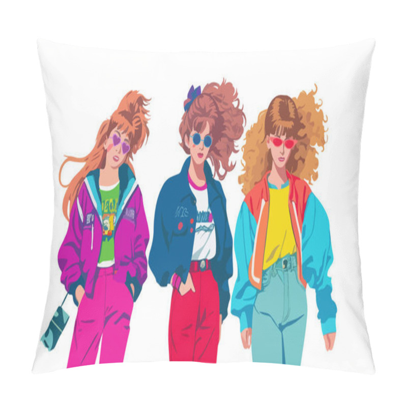 Personality  Three Girls Friends From 90s. Collection Of Characters In Trendy Retro And Memphis Style. Fashionable, Stylish Girls In Bright Multi-colored Clothes. Vector Isolated On White Pillow Covers