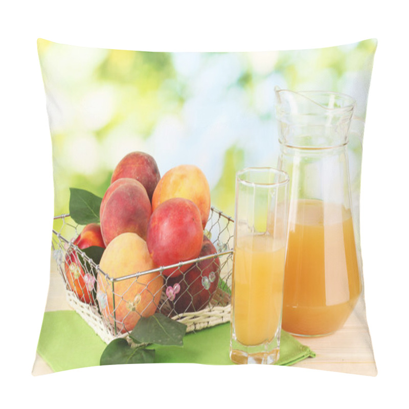 Personality  Ripe Peaches And Juice On Wooden Table On Natural Background Pillow Covers