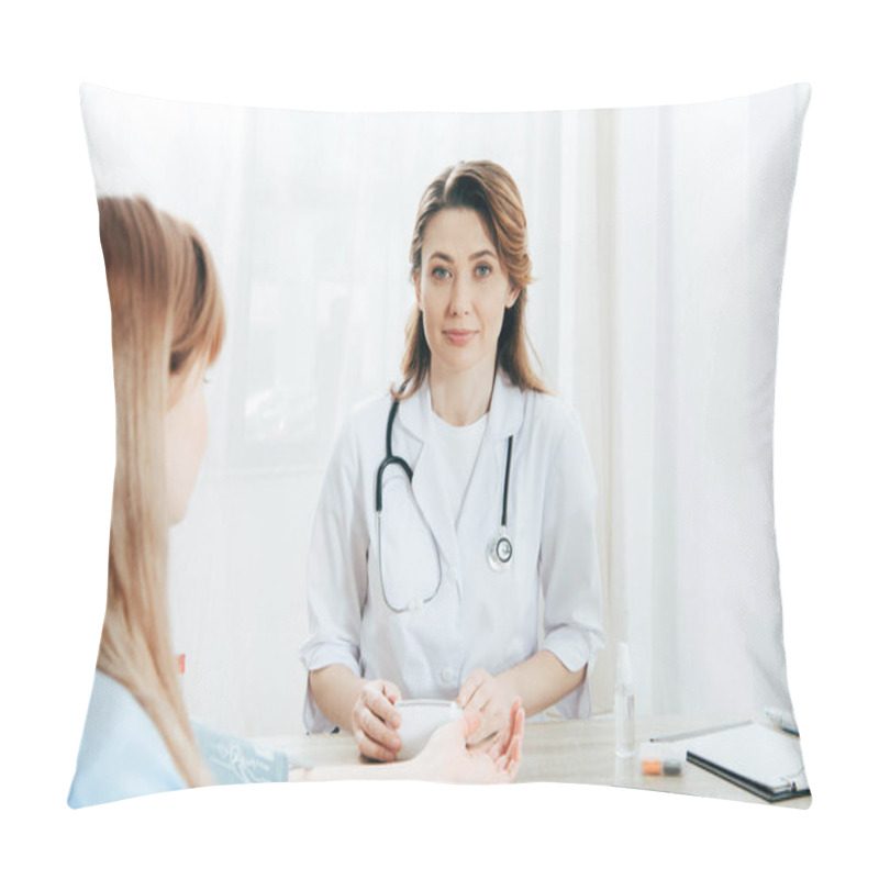 Personality  Cropped View Of Patient And Doctor Measuring Blood Pressure Pillow Covers