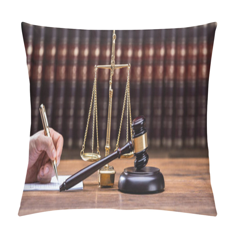 Personality  Judge Writing On Legal Documents At Desk Pillow Covers