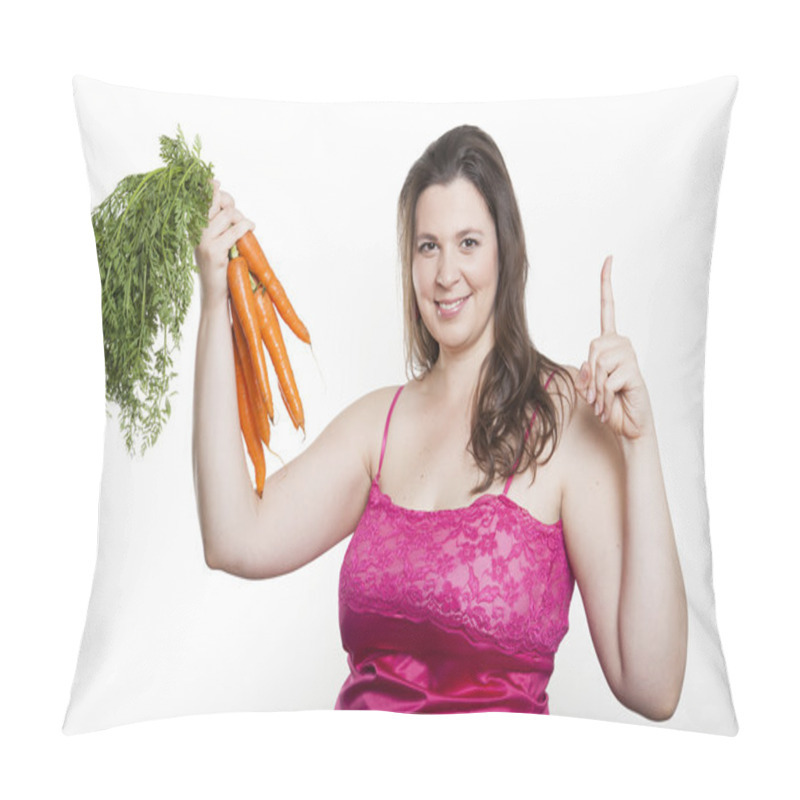 Personality  Woman With Carrots Holds Up Forefinger Pillow Covers