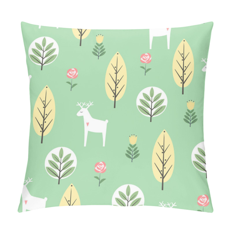 Personality  Spring Trees, Flowers And Deer Seamless Pattern On Mint Green Background. Pillow Covers