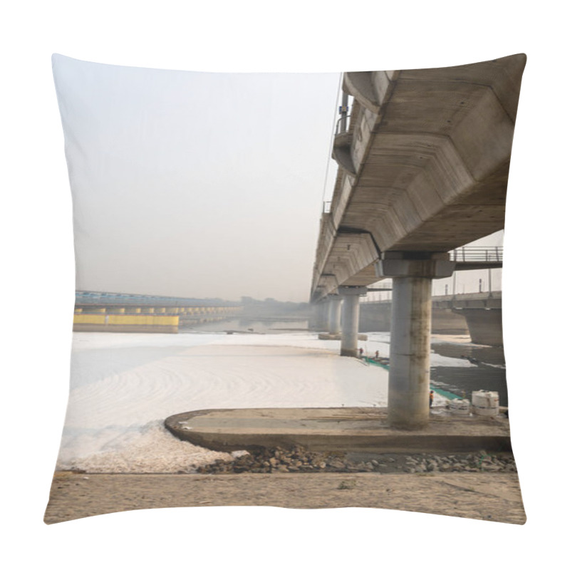 Personality  Polluted River With Industrial And Domestic Effluents Toxic Foam And Road Bridge At Morning Image Is Taken At Yamuna River Okhla Barrage Delhi India. Pillow Covers