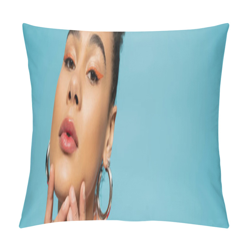 Personality  Beautiful African American Model In Silver Hoop Earrings And Rings Looking At Camera On Blue, Banner Pillow Covers