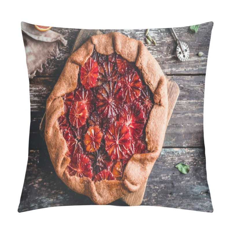 Personality  Wooden Board With Blood Orange Pie And Slices Of Orange On Wooden Background Pillow Covers